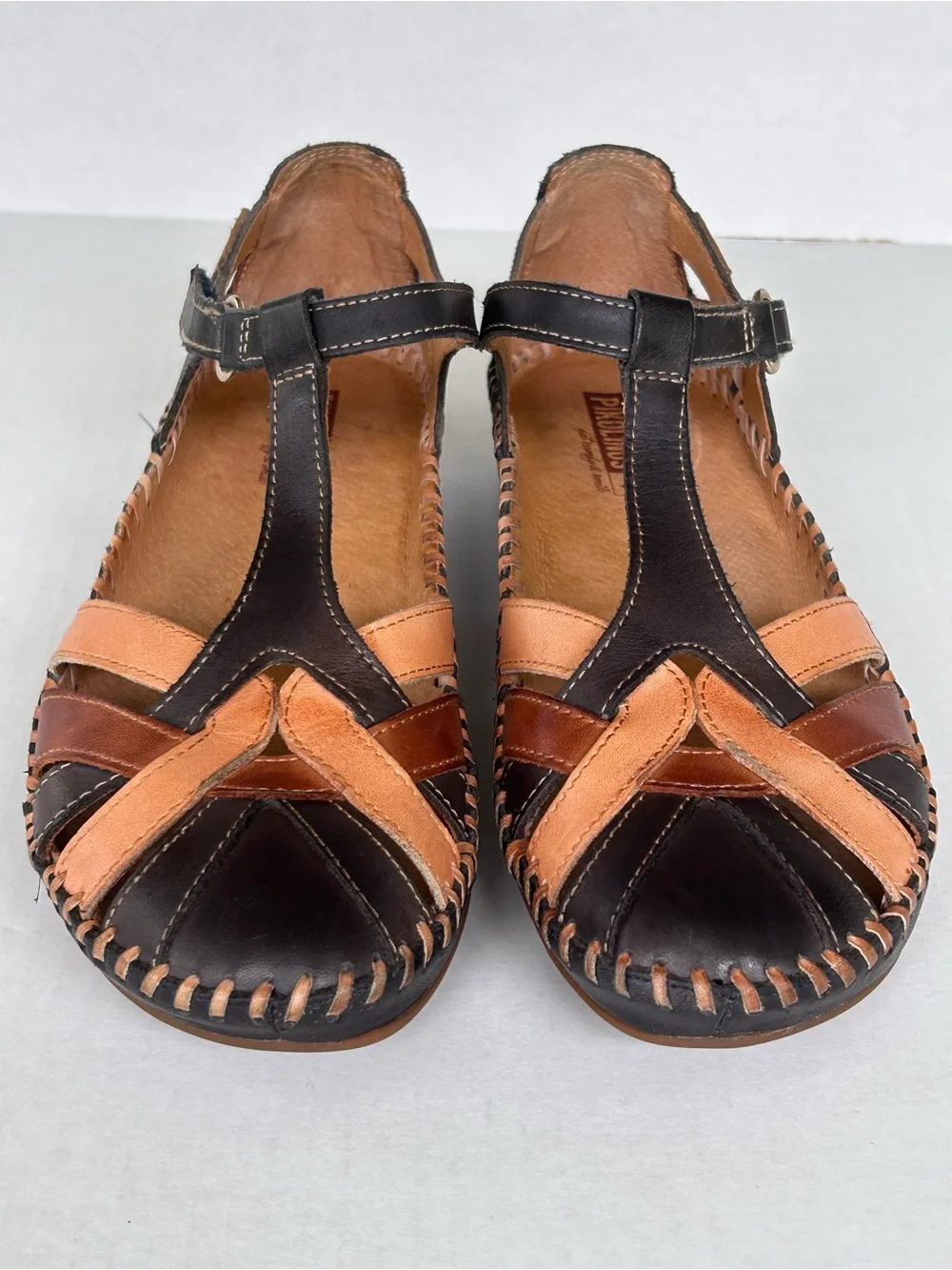 Pikolinos P Vallarta Navy Brown Leather T-Strap Semi Closed Toe Sandals EU 39